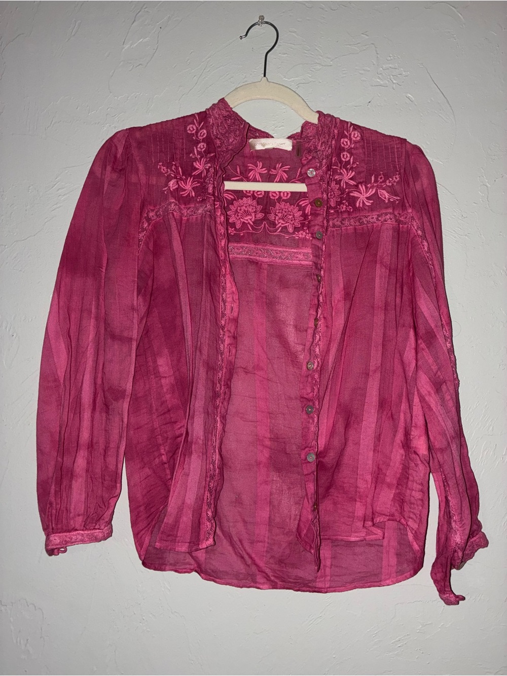 LoveShackFancy Fuchsia Pink Embroidered Sheer Button Blouse